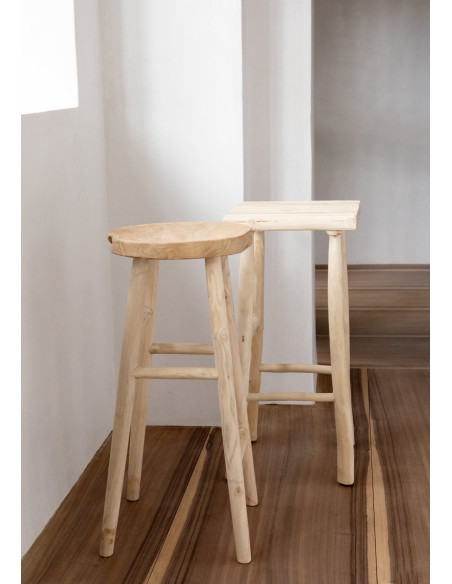 Tabouret de bar rustique Rond en Bois de teck Naturel The Kedut 