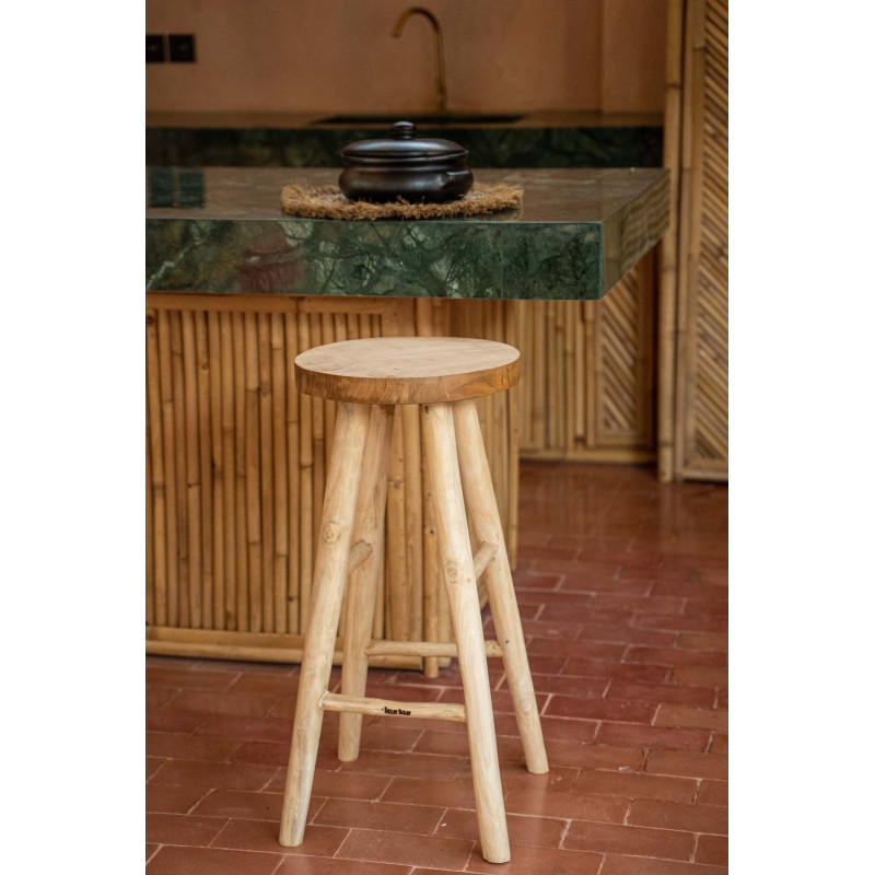 Tabouret de bar rustique Rond en Bois de teck Naturel The Kedut 