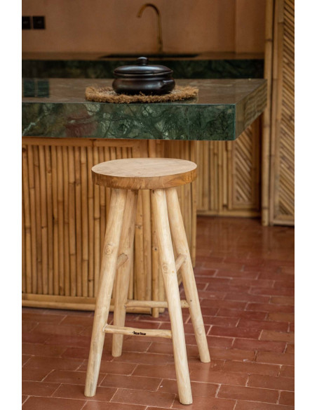Tabouret de bar rustique Rond en Bois de teck Naturel The Kedut 