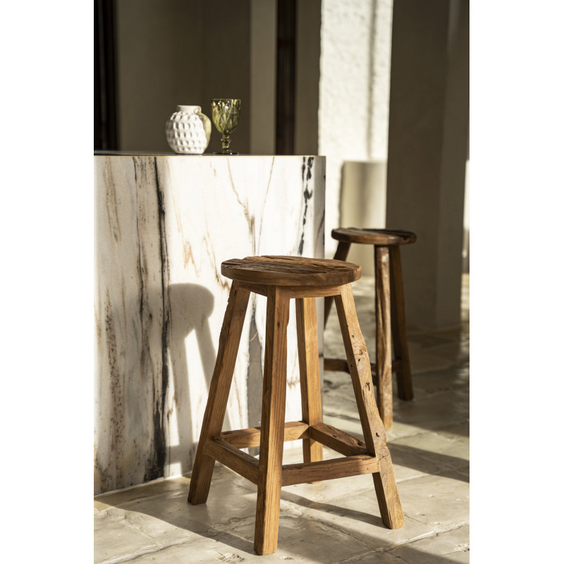 Tabouret de bar rustique Rond en Bois de teck recyclé Naturel The Shibori 
