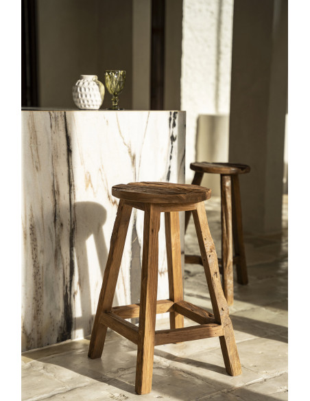 Tabouret de bar rustique Rond en Bois de teck recyclé Naturel The Shibori 