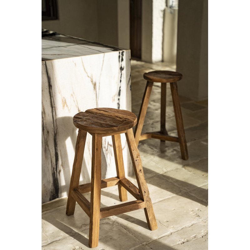 Tabouret de bar rustique Rond en Bois de teck recyclé Naturel The Shibori 