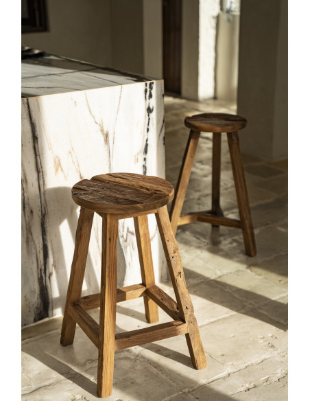 Tabouret de bar rustique Rond en Bois de teck recyclé Naturel The Shibori 