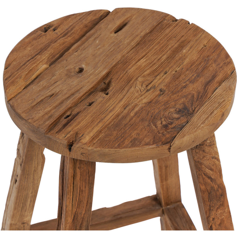 Tabouret de bar rustique Rond en Bois de teck recyclé Naturel The Shibori 