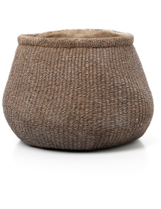 Grand Cache-pot bohème chic Rond D 40 cm Ciment Marron Effet fibre tressée The Faux-Puff 