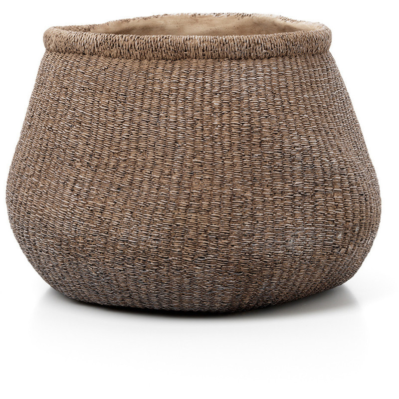 Grand Cache-pot bohème chic Rond D 40 cm Ciment Marron Effet fibre tressée The Faux-Puff 