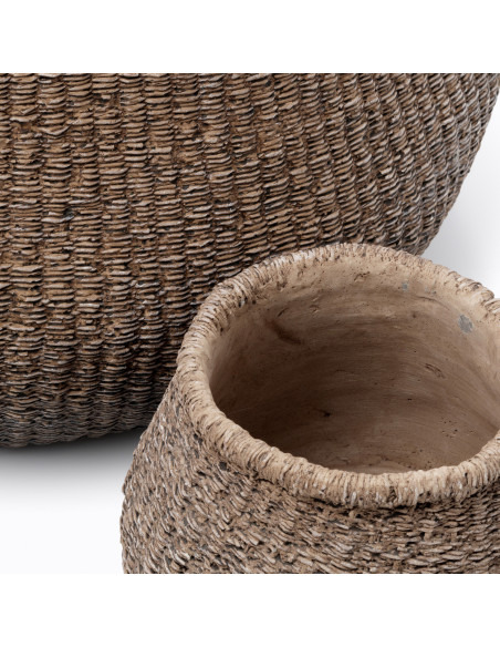 Grand Cache-pot bohème chic Rond D 40 cm Ciment Marron Effet fibre tressée The Faux-Puff 