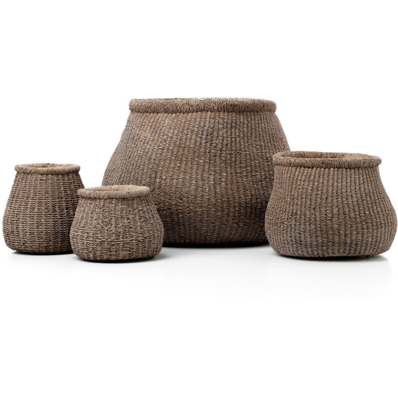 Grand Cache-pot bohème chic Rond D 40 cm Ciment Marron Effet fibre tressée The Faux-Puff 