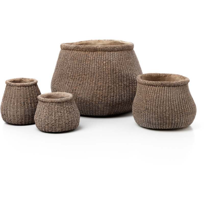 Grand Cache-pot bohème chic Rond D 40 cm Ciment Marron Effet fibre tressée The Faux-Puff 