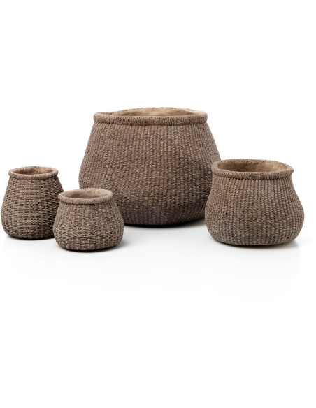 Grand Cache-pot bohème chic Rond D 40 cm Ciment Marron Effet fibre tressée The Faux-Puff 