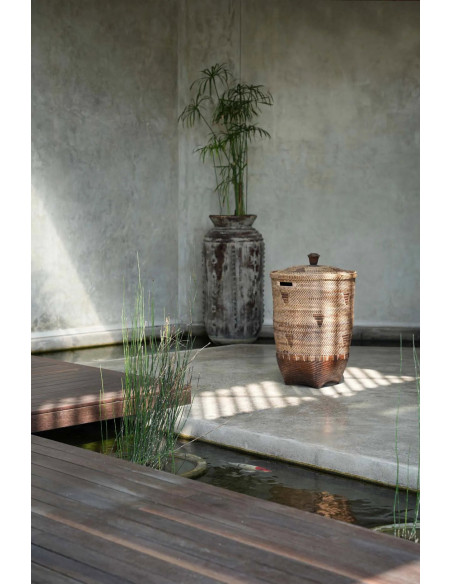 Grand Panier de rangement avec couvercle Rond 50 cm Rotin Naturel Marron Tressé The Colonial 