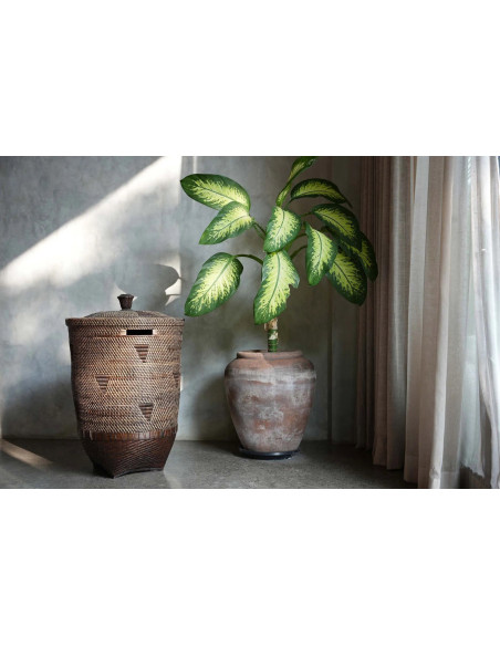Grand Panier de rangement avec couvercle Rond 50 cm Rotin Naturel Marron Tressé The Colonial 
