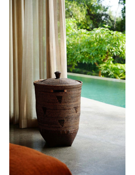 Grand Panier de rangement avec couvercle Rond 50 cm Rotin Naturel Marron Tressé The Colonial 