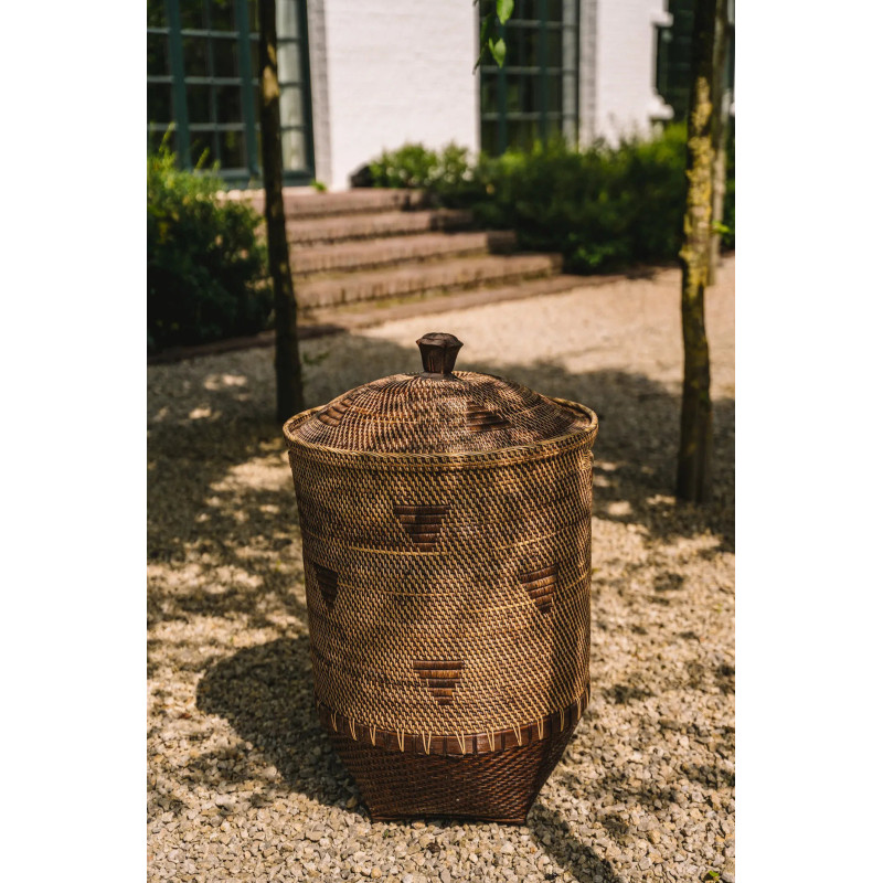 Grand Panier de rangement avec couvercle Rond 50 cm Rotin Naturel Marron Tressé The Colonial 
