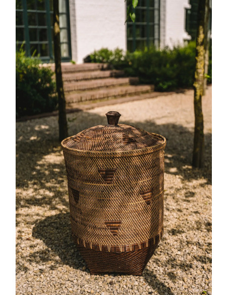 Grand Panier de rangement avec couvercle Rond 50 cm Rotin Naturel Marron Tressé The Colonial 