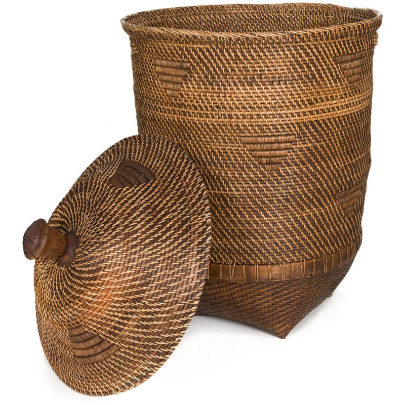 Grand Panier de rangement avec couvercle Rond 50 cm Rotin Naturel Marron Tressé The Colonial 