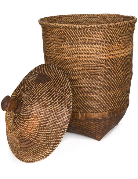 Grand Panier de rangement avec couvercle Rond 50 cm Rotin Naturel Marron Tressé The Colonial 