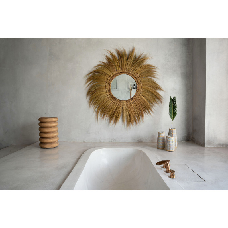 Miroir mural original XL Rond 130x130 en Herbe Rotin Naturel The Mufasa 
