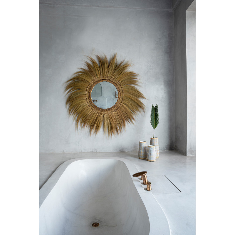 Miroir mural original XL Rond 130x130 en Herbe Rotin Naturel The Mufasa 