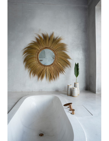Miroir mural original XL Rond 130x130 en Herbe Rotin Naturel The Mufasa 