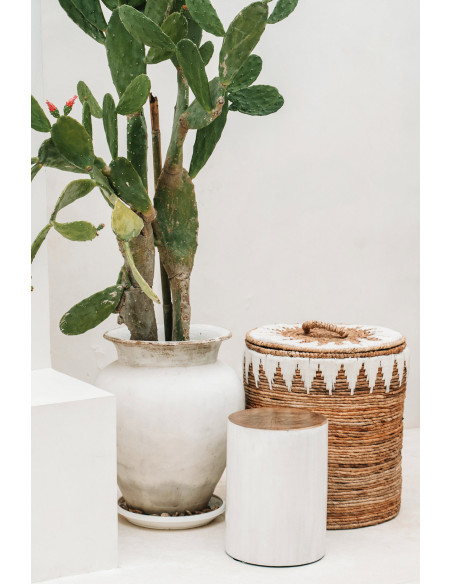 Tabouret original Rond en Bois de teck Blanc Naturel The Tribe 