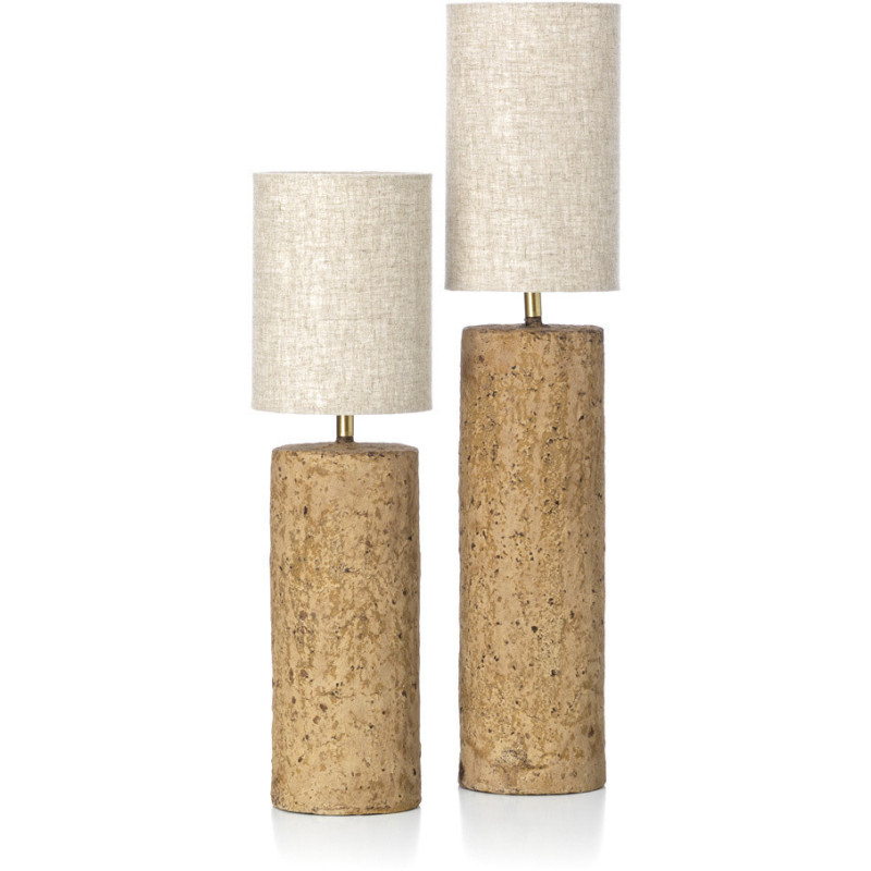Grande Lampe à poser ethnique chic cylindre H 65 cm Papier mâché Brun terre Tissu Beige The Totem 