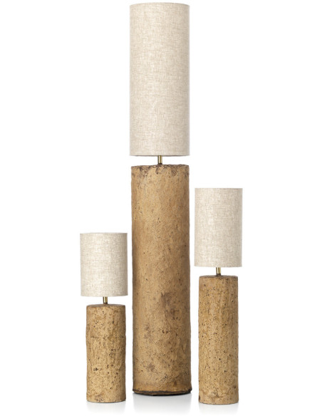 Grande Lampe à poser ethnique chic cylindre H 65 cm Papier mâché Brun terre Tissu Beige The Totem 