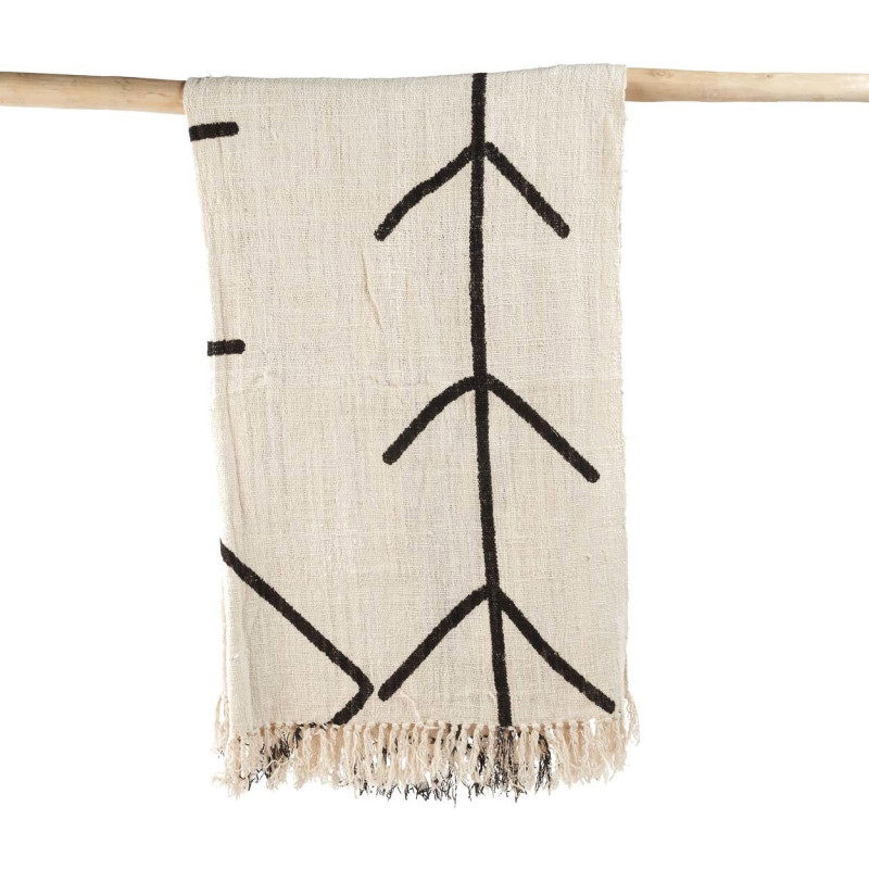 Plaid XXL original Ethnique chic 240x128 en Coton Naturel Noir Avec franges The Evil Eye 