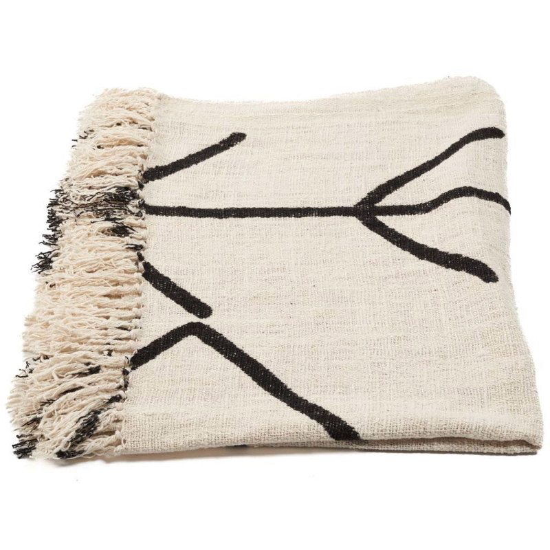 Plaid XXL original Ethnique chic 240x128 en Coton Naturel Noir Avec franges The Evil Eye 