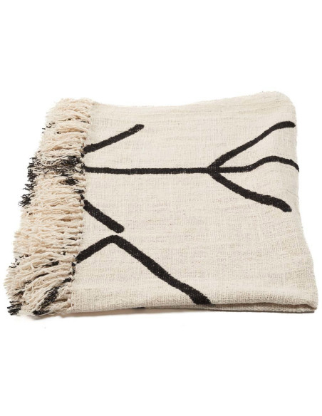 Plaid XXL original Ethnique chic 240x128 en Coton Naturel Noir Avec franges The Evil Eye 