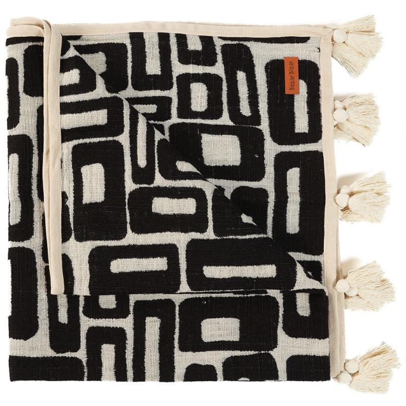 Plaid XXL original motif aztèque 240x128 en Coton Naturel Noir Avec pompons The Aztec 