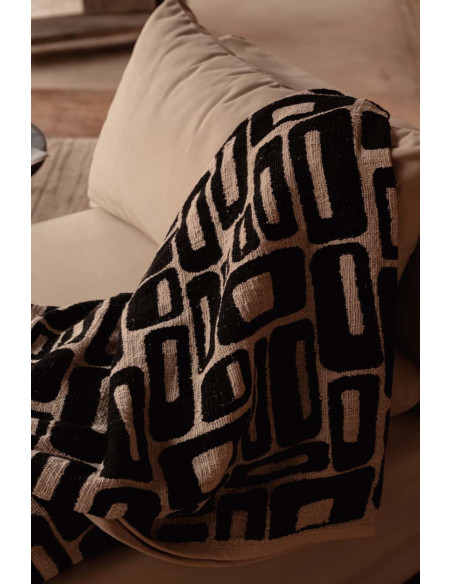 Plaid XXL original motif aztèque 240x128 en Coton Naturel Noir Avec pompons The Aztec 