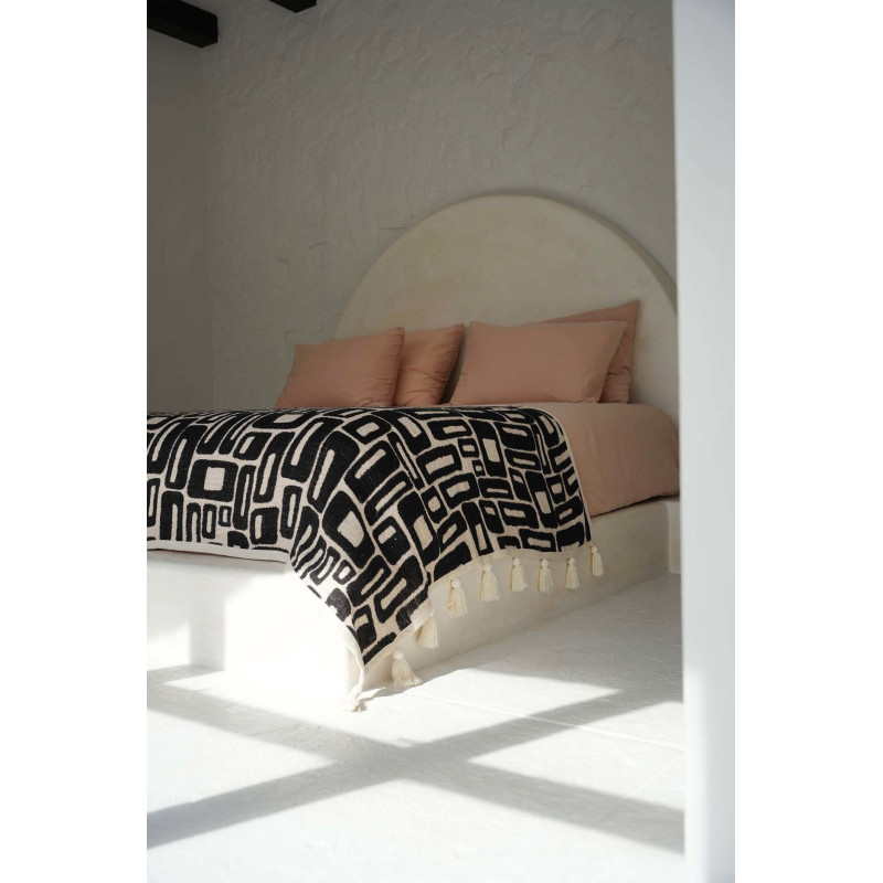 Plaid XXL original motif aztèque 240x128 en Coton Naturel Noir Avec pompons The Aztec 