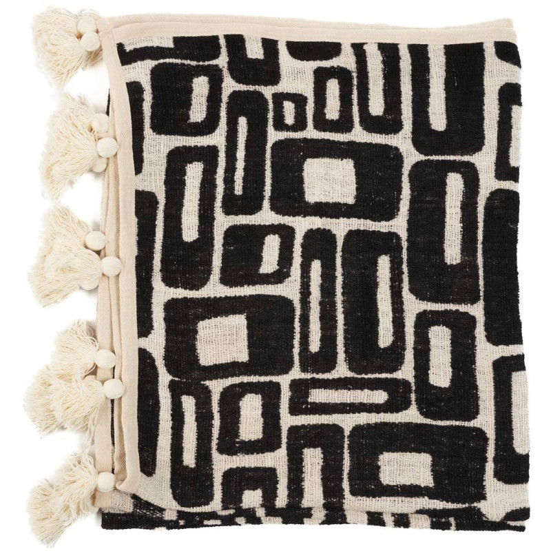 Plaid XXL original motif aztèque 240x128 en Coton Naturel Noir Avec pompons The Aztec 