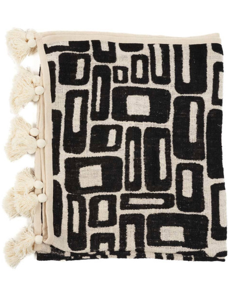 Plaid XXL original motif aztèque 240x128 en Coton Naturel Noir Avec pompons The Aztec 