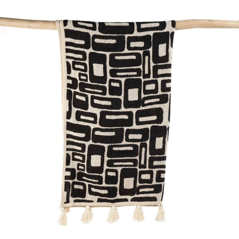 Plaid XXL original motif aztèque 240x128 en Coton Naturel Noir Avec pompons The Aztec 