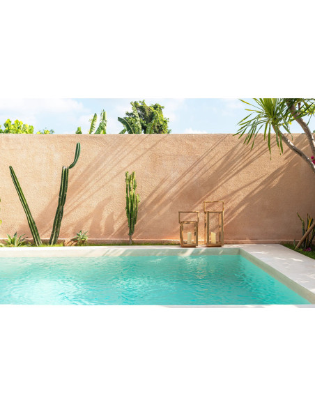 Lanterne de jardin originale Carrée Hauteur 43 cm en Bois de teck recyclé Naturel Verre Transparent The Nusa Penida 