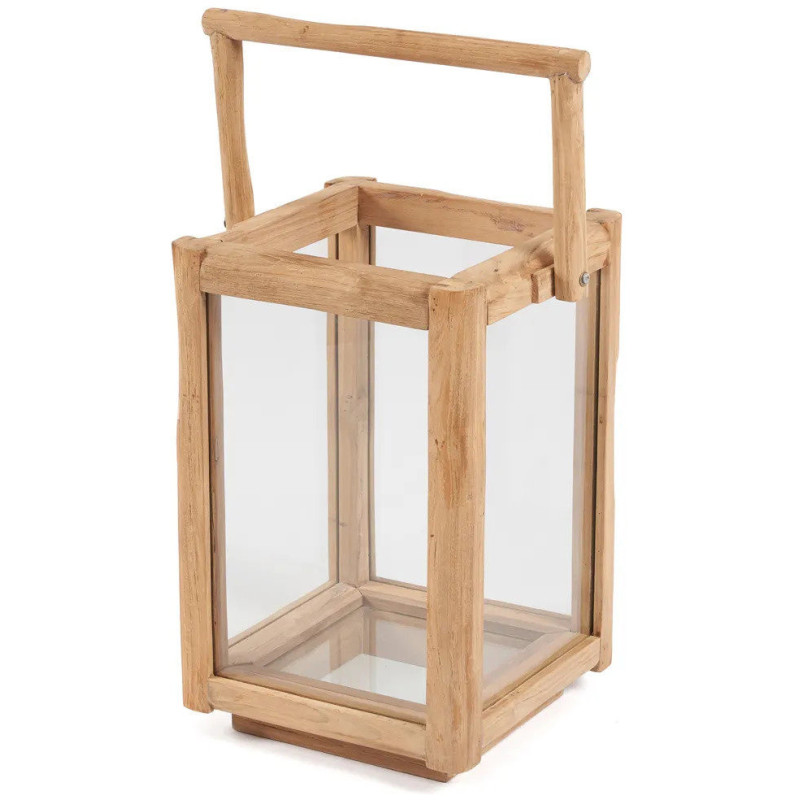 Lanterne de jardin originale Carrée Hauteur 43 cm en Bois de teck recyclé Naturel Verre Transparent The Nusa Penida 