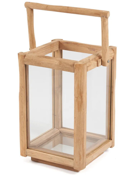 Lanterne de jardin originale Carrée Hauteur 43 cm en Bois de teck recyclé Naturel Verre Transparent The Nusa Penida 