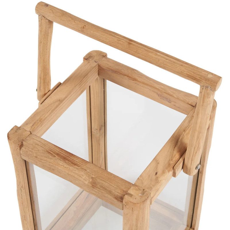 Lanterne de jardin originale Carrée Hauteur 43 cm en Bois de teck recyclé Naturel Verre Transparent The Nusa Penida 