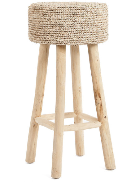 Tabouret de bar Bohème chic Rond en Raphia Bois de teck Naturel The Raffia 