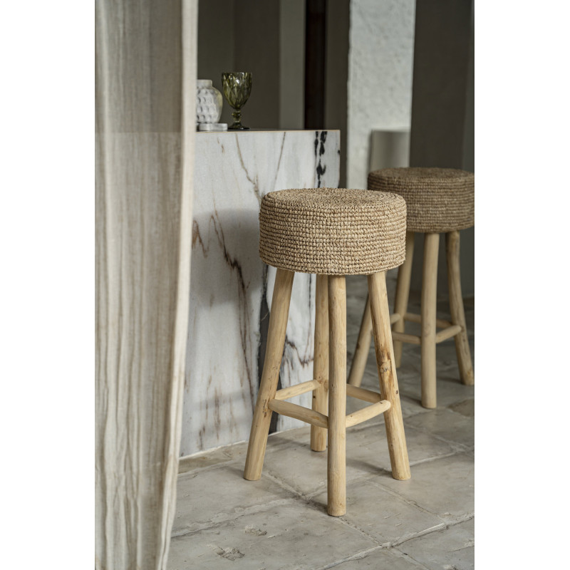 Tabouret de bar Bohème chic Rond en Raphia Bois de teck Naturel The Raffia 