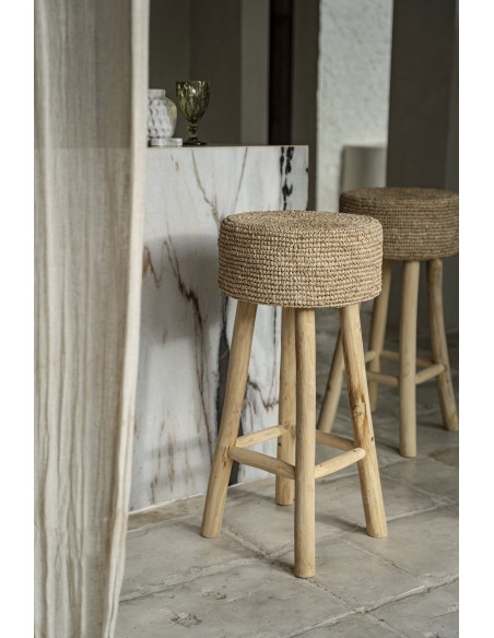 Tabouret de bar Bohème chic Rond en Raphia Bois de teck Naturel The Raffia 