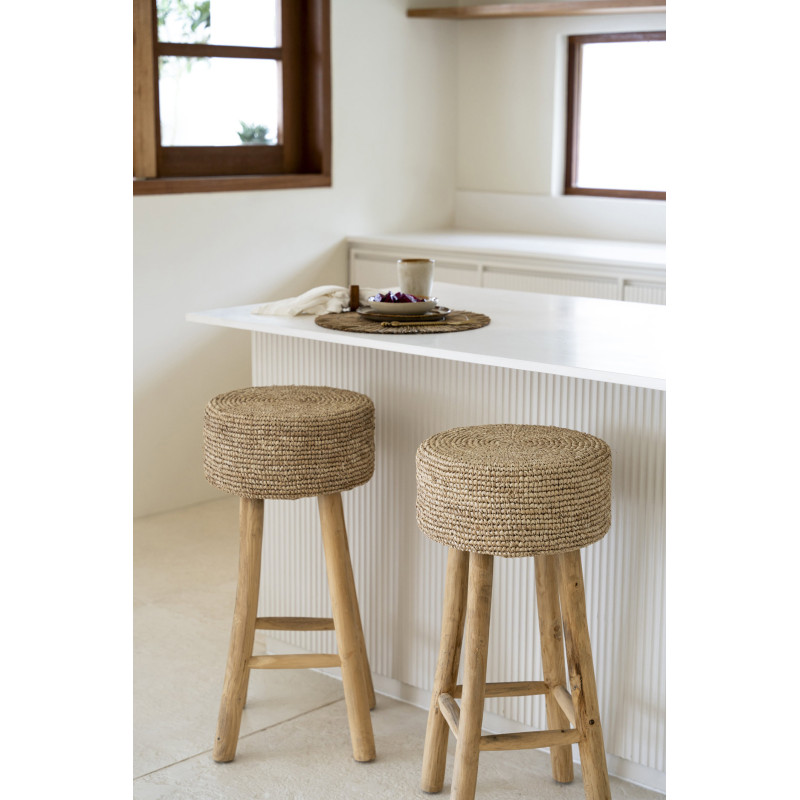 Tabouret de bar Bohème chic Rond en Raphia Bois de teck Naturel The Raffia 