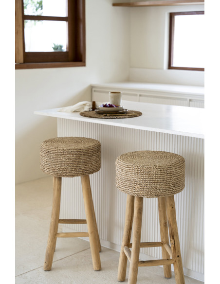 Tabouret de bar Bohème chic Rond en Raphia Bois de teck Naturel The Raffia 