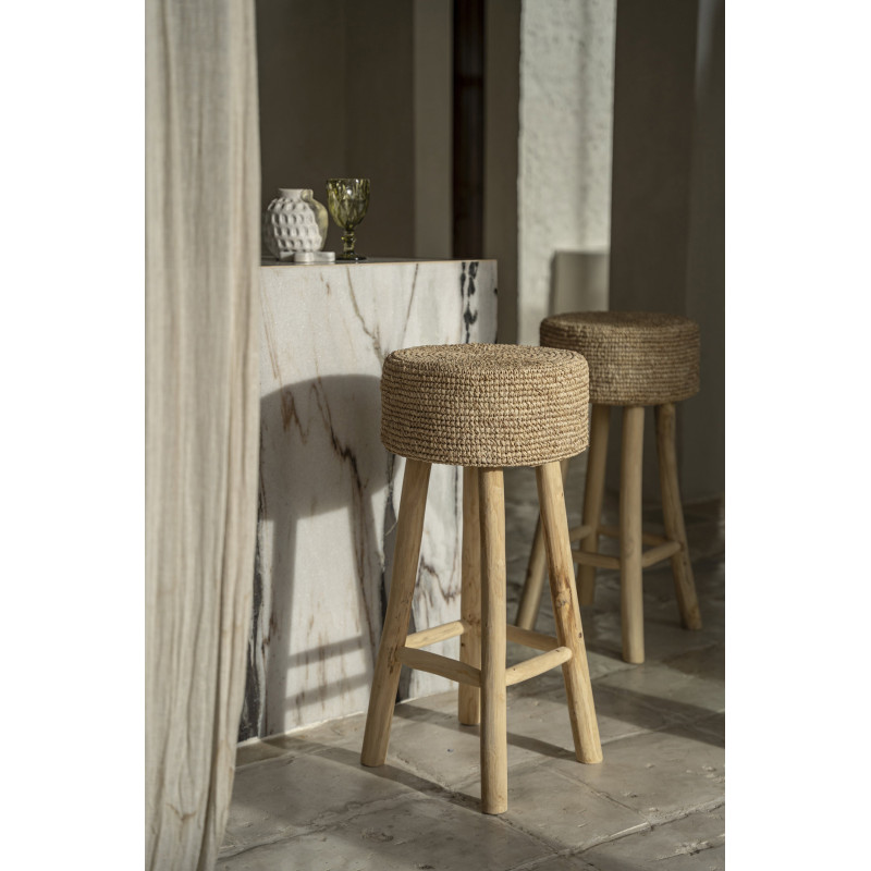 Tabouret de bar Bohème chic Rond en Raphia Bois de teck Naturel The Raffia 