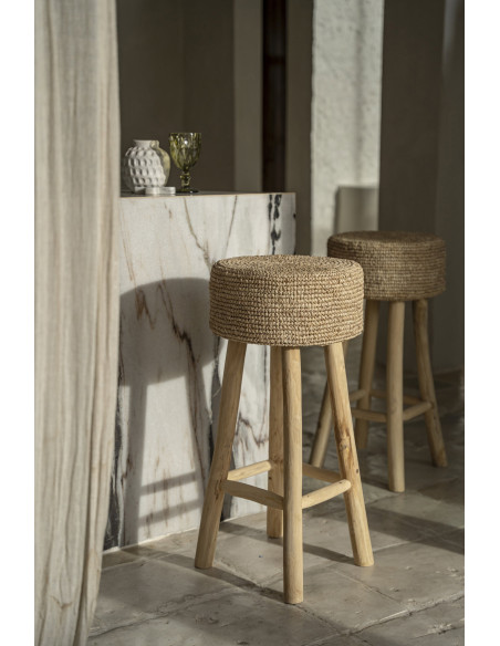 Tabouret de bar Bohème chic Rond en Raphia Bois de teck Naturel The Raffia 