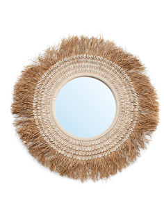 Miroir Mural Rond 75 cm en Raphia Naturel Coquillage Blanc The Raffia Cowri 