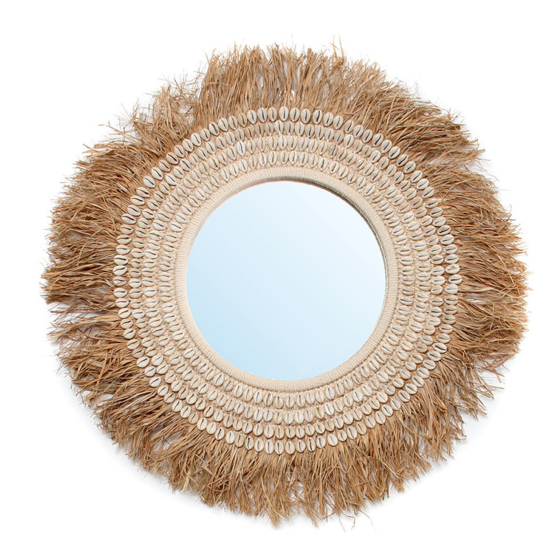 Miroir Mural Rond 75 cm en Raphia Naturel Coquillage Blanc The Raffia Cowri 