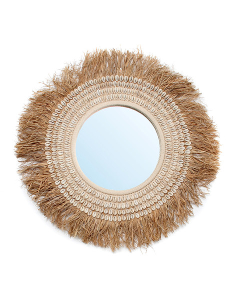 Miroir Mural Rond 75 cm en Raphia Naturel Coquillage Blanc The Raffia Cowri 